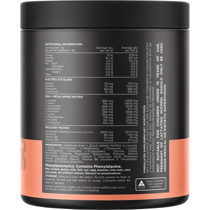 Back label of Switch Nutrition Amino Watermelon 210g tub showing nutritional information and directions.