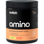 210g tub of Switch Nutrition Amino EAA and BCAA Electrolyte Recovery in Lemonade flavor on a white background.