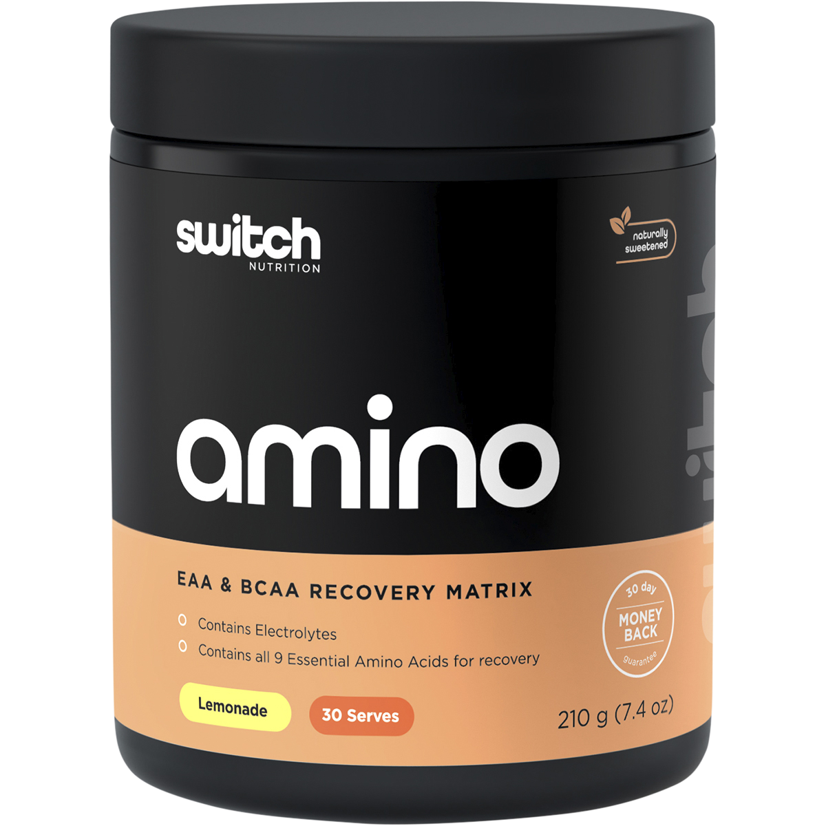 210g tub of Switch Nutrition Amino EAA and BCAA Electrolyte Recovery in Lemonade flavor on a white background.