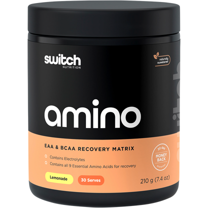 210g tub of Switch Nutrition Amino EAA and BCAA Electrolyte Recovery in Lemonade flavor on a white background.