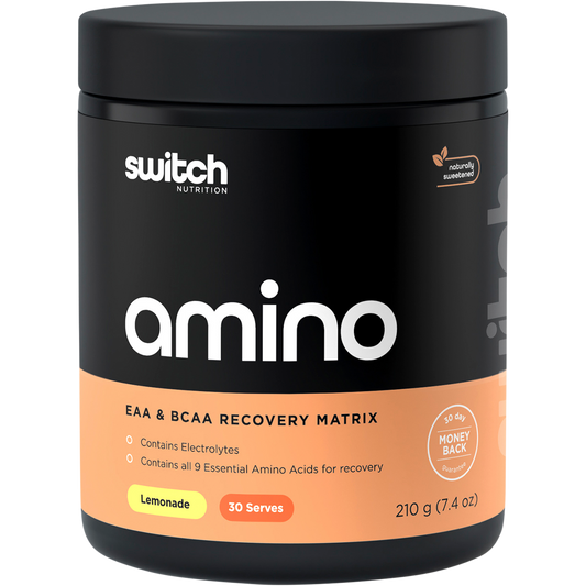 210g tub of Switch Nutrition Amino EAA and BCAA Electrolyte Recovery in Lemonade flavor on a white background.