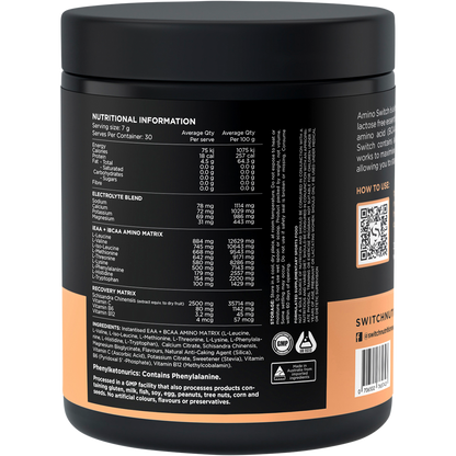 Back label of Switch Nutrition Amino EAA and BCAA 210g lemonade tub showing nutritional facts and ingredients.