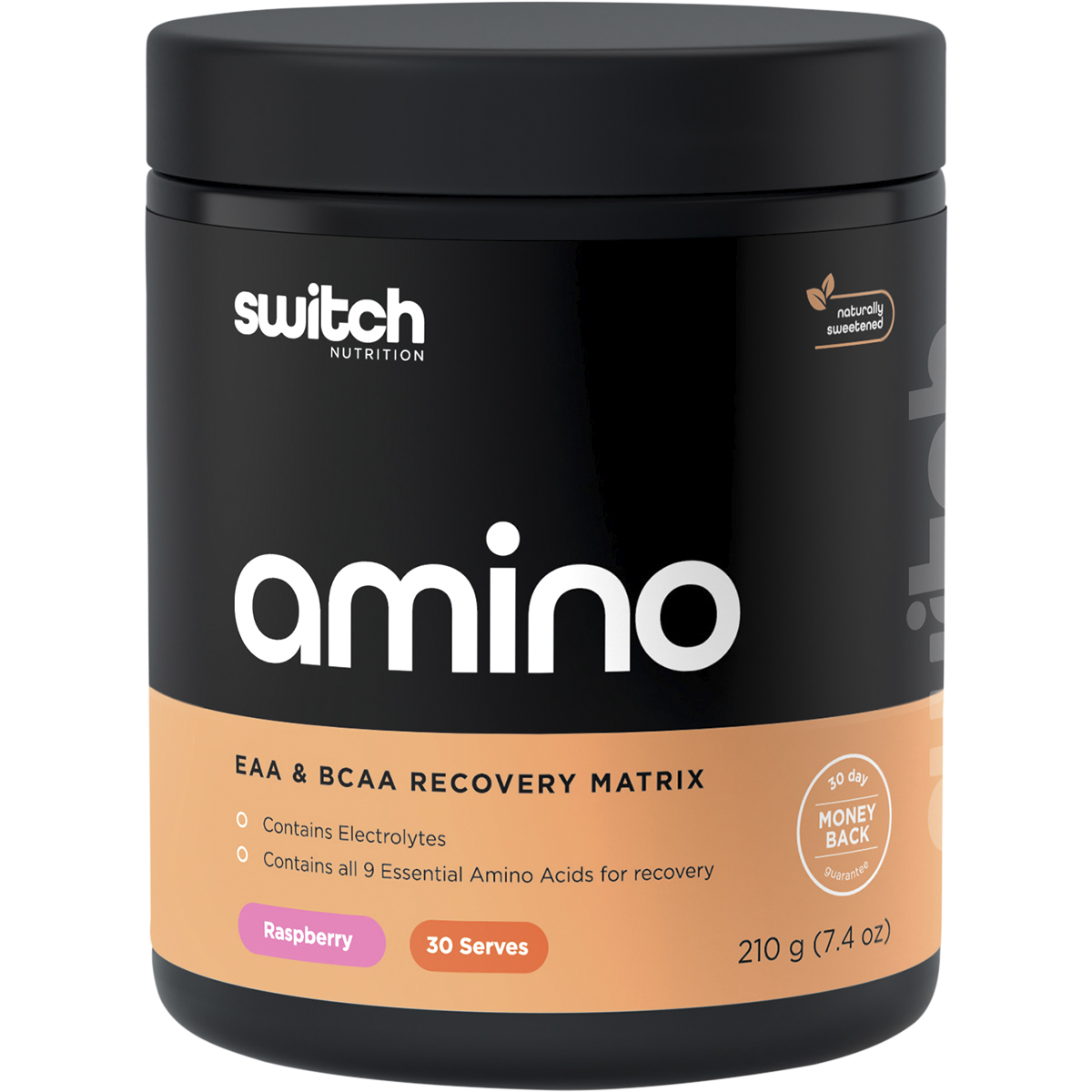 210g tub of Switch Nutrition Amino EAA & BCAA Electrolyte Recovery in Raspberry flavor on a white background.