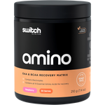 210g tub of Switch Nutrition Amino EAA & BCAA Electrolyte Recovery in Raspberry flavor on a white background.