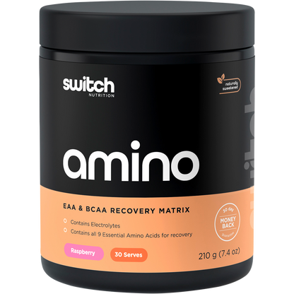 210g tub of Switch Nutrition Amino EAA & BCAA Electrolyte Recovery in Raspberry flavor on a white background.