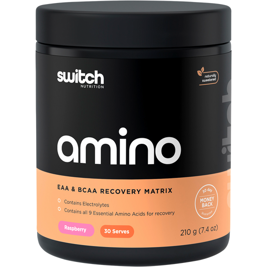 210g tub of Switch Nutrition Amino EAA & BCAA Electrolyte Recovery in Raspberry flavor on a white background.