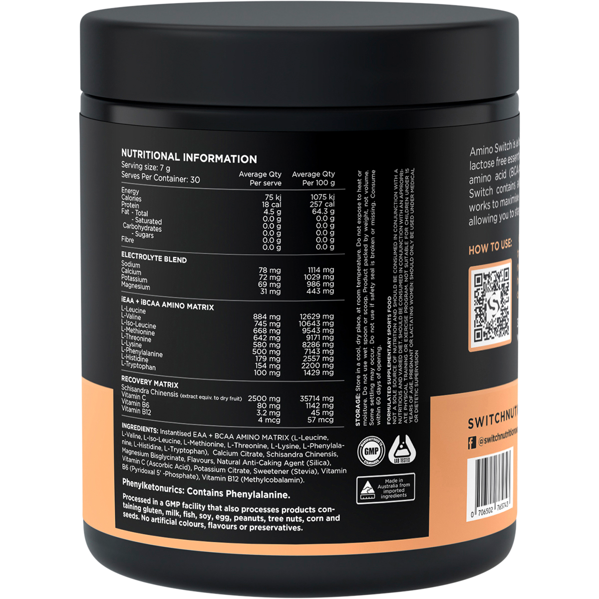 Back of a 210g tub of Switch Nutrition Amino EAA & BCAA Raspberry, showing ingredients and nutritional information.
