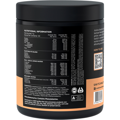 Back of a 210g tub of Switch Nutrition Amino EAA & BCAA Raspberry, showing ingredients and nutritional information.