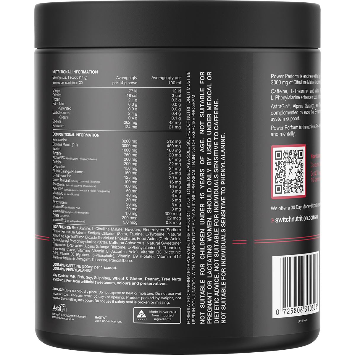 Back of a Switch Nutrition Perform Mango Passionfruit 420g tub showing nutritional information and ingredients.