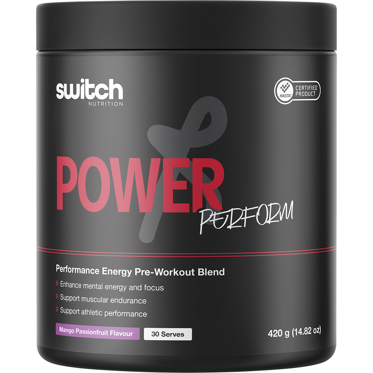 420g tub of Switch Nutrition Perform Power Pre-Workout Blend in Mango Passionfruit flavor.