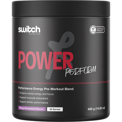420g tub of Switch Nutrition Perform Power Pre-Workout Blend in Mango Passionfruit flavor.