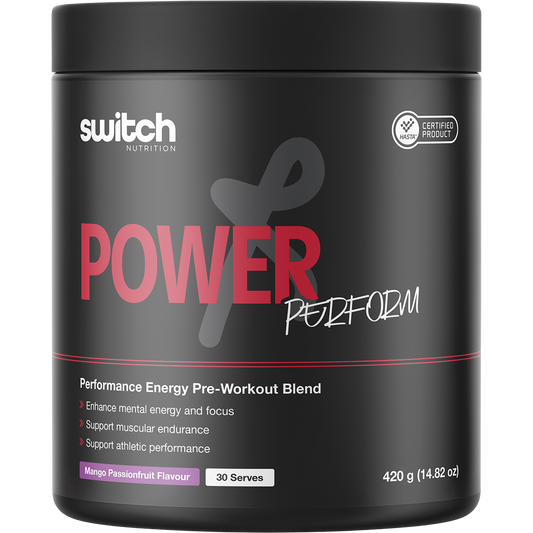 420g tub of Switch Nutrition Perform Power Pre-Workout Blend in Mango Passionfruit flavor.