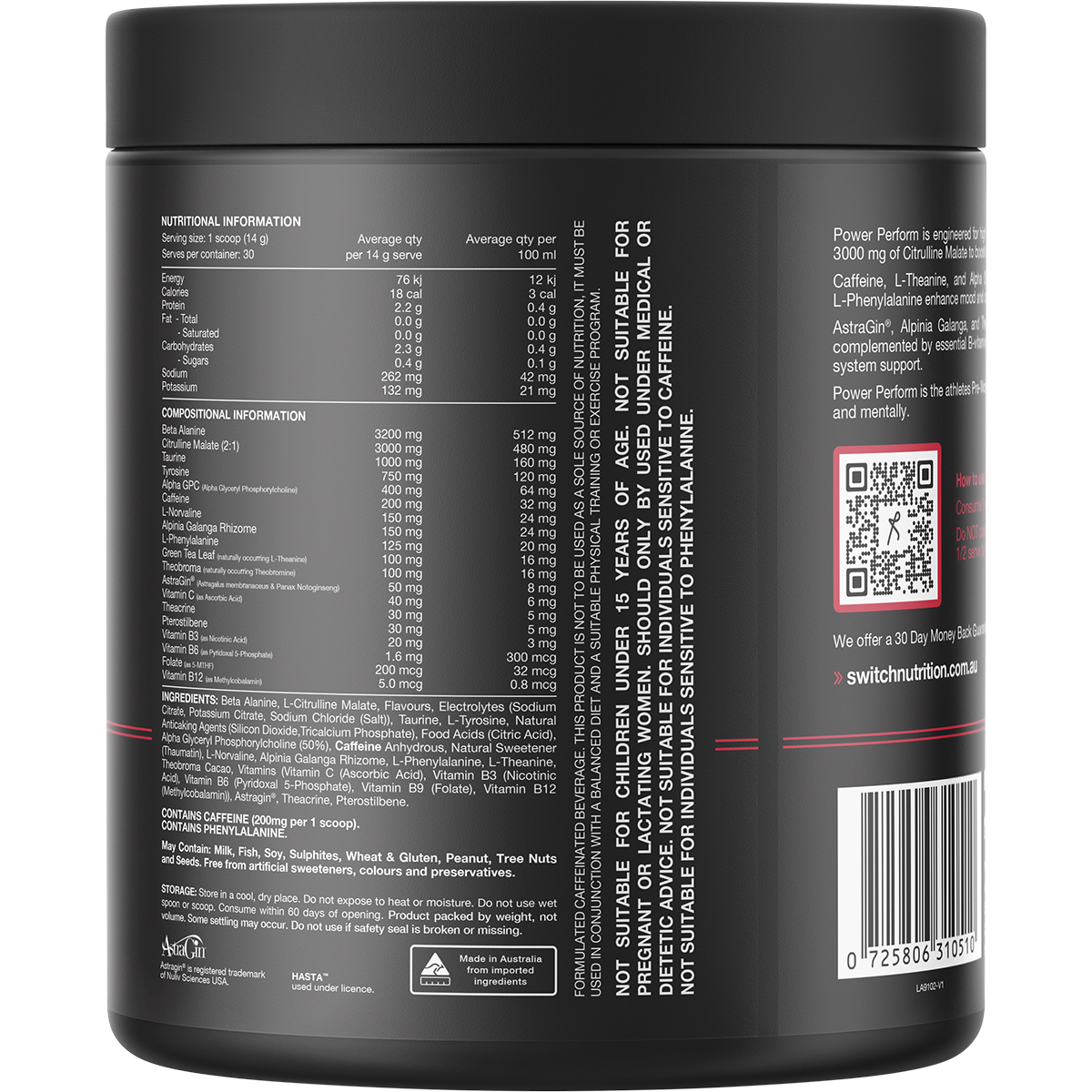 Back of Raspberry Lemonade Switch Nutrition Perform Power 420g tub showing nutritional info and ingredients.