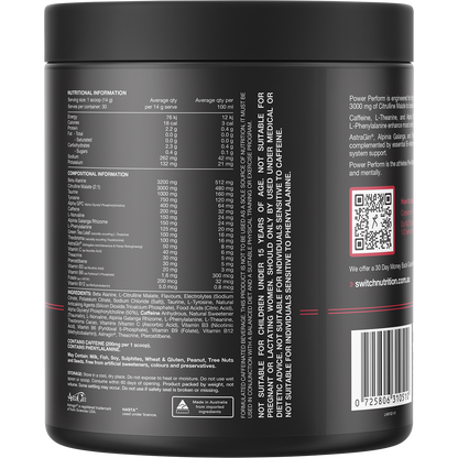 Back of Raspberry Lemonade Switch Nutrition Perform Power 420g tub showing nutritional info and ingredients.