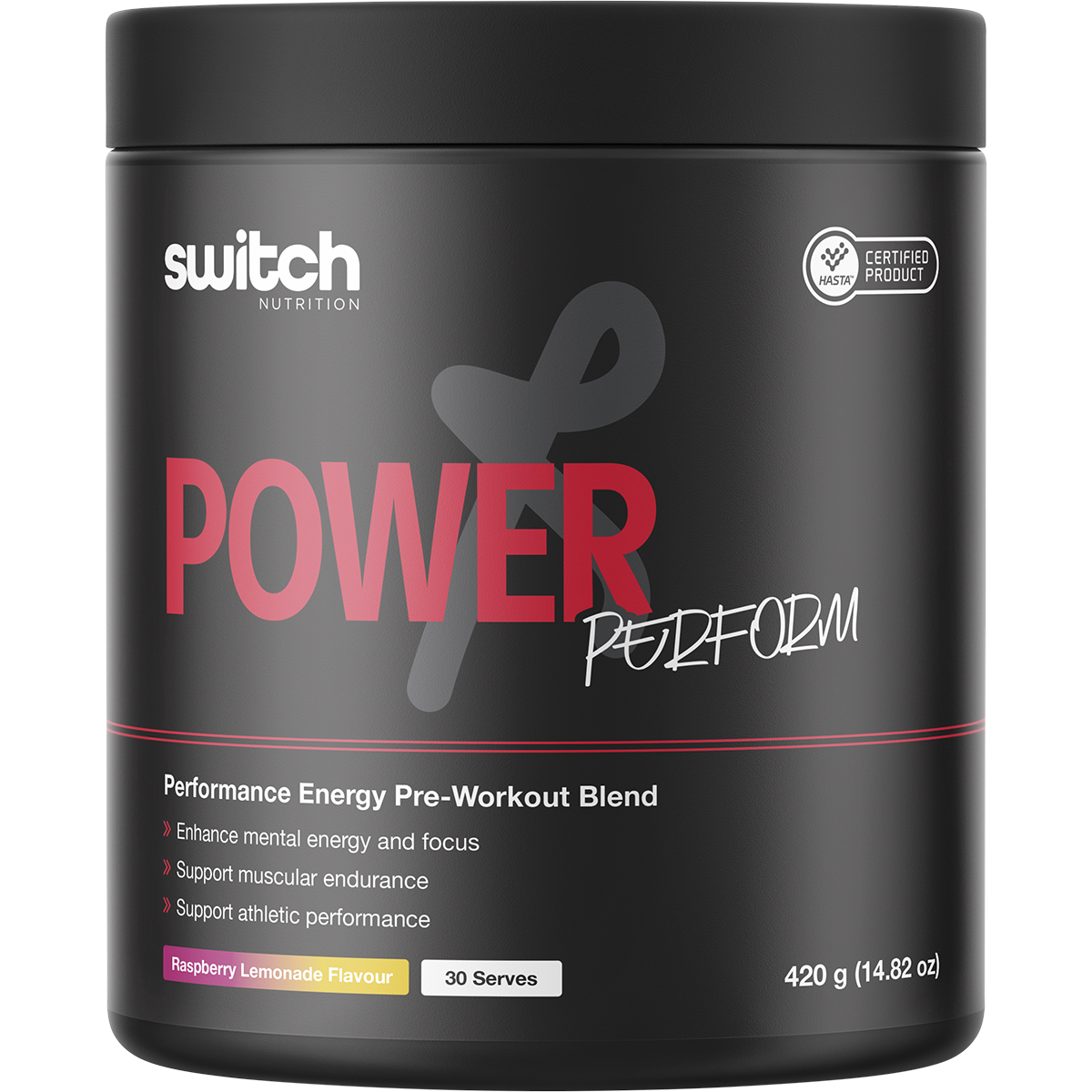 420g tub of Switch Nutrition Perform Power Pre-Workout Blend in Raspberry Lemonade flavor.