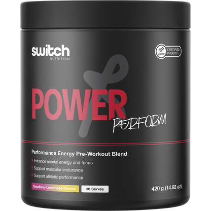 420g tub of Switch Nutrition Perform Power Pre-Workout Blend in Raspberry Lemonade flavor.