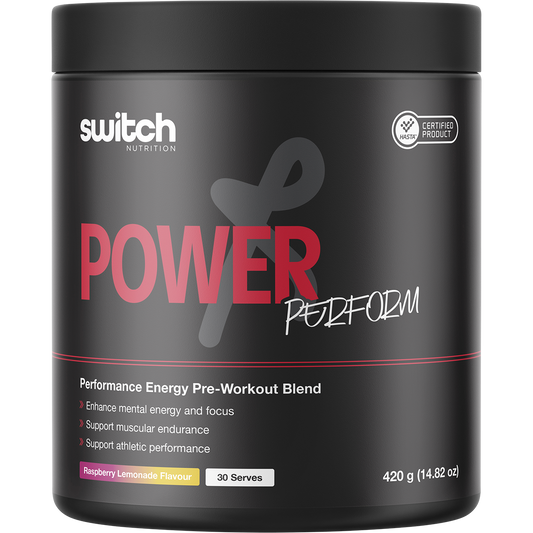 420g tub of Switch Nutrition Perform Power Pre-Workout Blend in Raspberry Lemonade flavor.