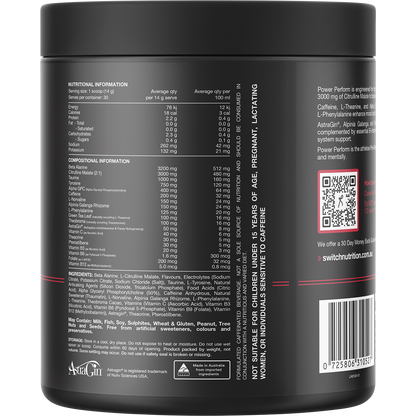 Back view of a 420g strawberry kiwi Switch Nutrition Perform Power Pre-Workout tub showing nutritional information.