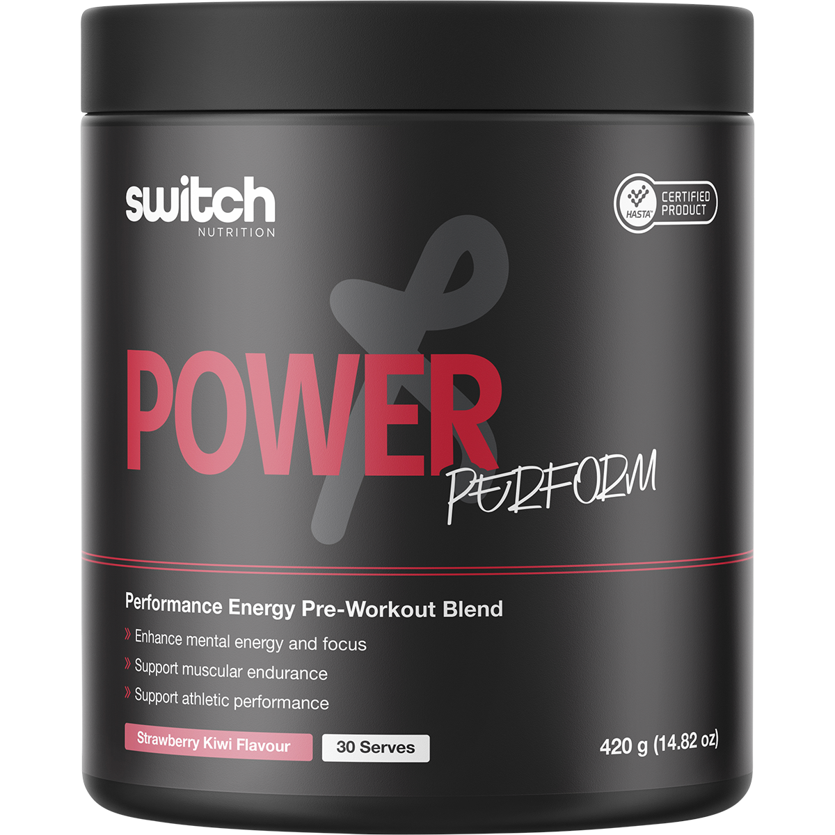 420g tub of Switch Nutrition Perform Power Pre-Workout Blend in strawberry kiwi flavour.