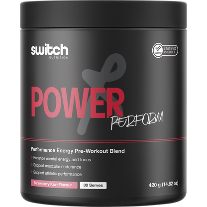 420g tub of Switch Nutrition Perform Power Pre-Workout Blend in strawberry kiwi flavour.