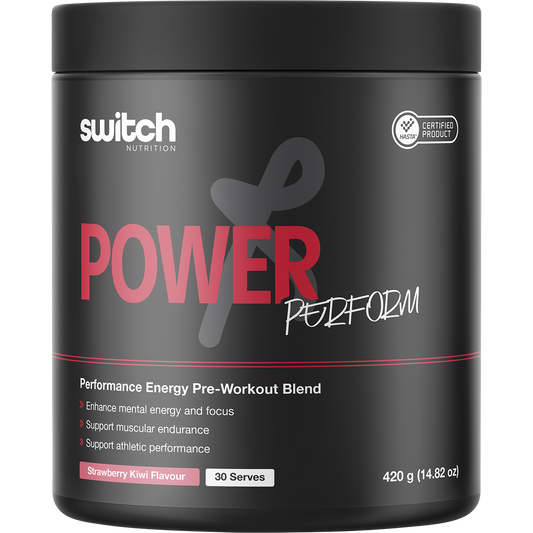420g tub of Switch Nutrition Perform Power Pre-Workout Blend in strawberry kiwi flavour.