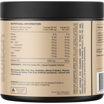 Back of Switch Nutrition Creatine HCL 240 capsules pack with ingredients, nutrition facts, and usage directions.
