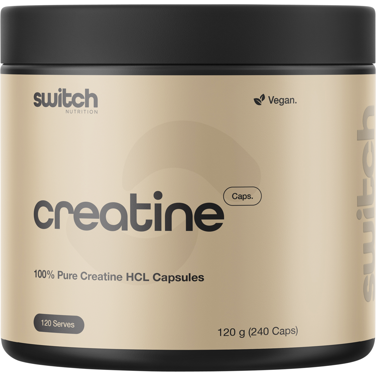 Tub of Switch Nutrition Creatine 100% Pure HCL containing 240 capsules for strength and muscle endurance.