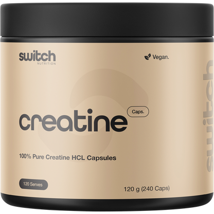 Tub of Switch Nutrition Creatine 100% Pure HCL containing 240 capsules for strength and muscle endurance.