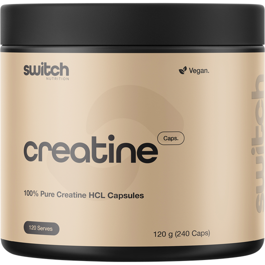 Tub of Switch Nutrition Creatine 100% Pure HCL containing 240 capsules for strength and muscle endurance.