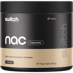 Switch Nutrition NAC 100% N-Acetyl L-Cysteine 60 Capsules bottle with a blue and black label on a white background.