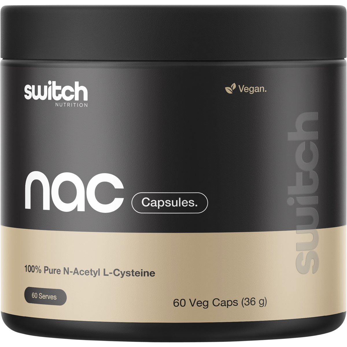 Switch Nutrition NAC 100% N-Acetyl L-Cysteine 60 Capsules bottle with a blue and black label on a white background.