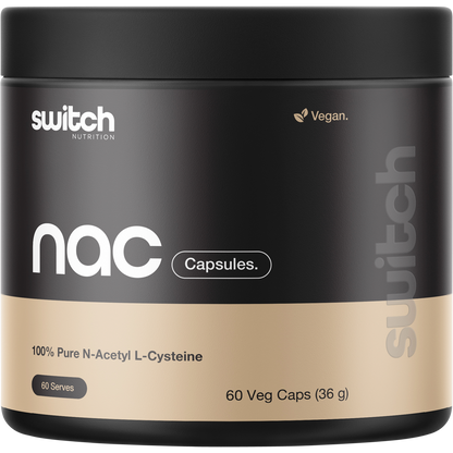 Switch Nutrition NAC 100% N-Acetyl L-Cysteine 60 Capsules bottle with a blue and black label on a white background.