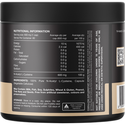 Back of Switch Nutrition NAC 60 capsules bottle showing nutritional information and directions on a white background.