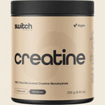 Switch Nutrition Creatine 100% Pure Micronized Monohydrate Unflavoured 250g tub on a white background.