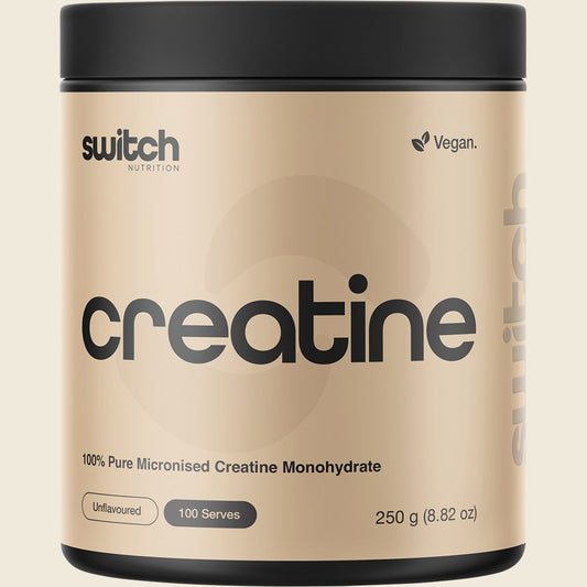 Switch Nutrition Creatine 100% Pure Micronized Monohydrate Unflavoured 250g tub on a white background.