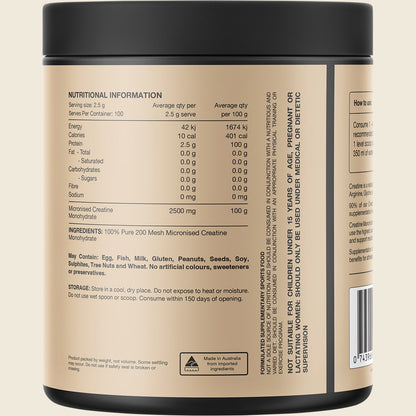 Back of Switch Nutrition Creatine 250g tub with ingredients, nutrition facts, and usage directions.