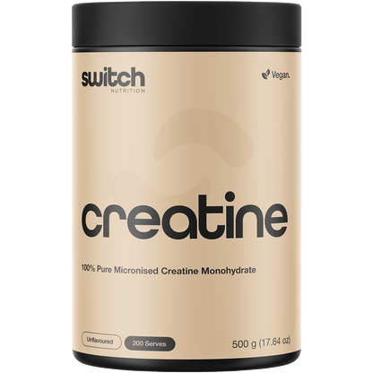 500g tub of Switch Nutrition Creatine 100% Pure Monohydrate Unflavoured powder on a white background.