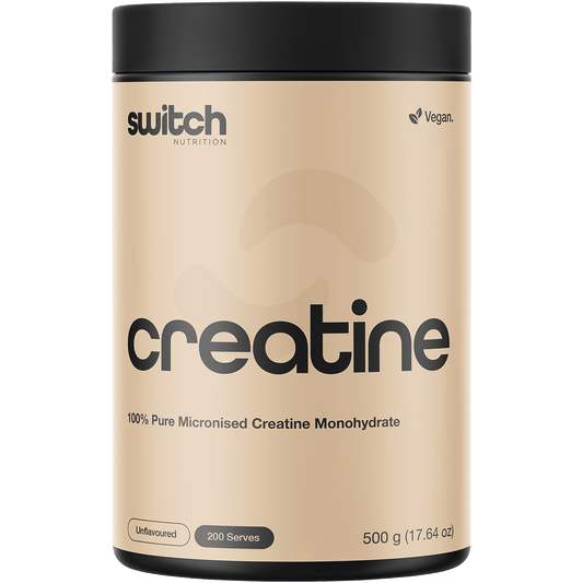 500g tub of Switch Nutrition Creatine 100% Pure Monohydrate Unflavoured powder on a white background.