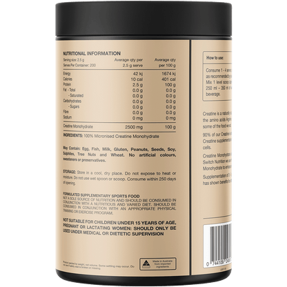 Back of Switch Nutrition Creatine 500g tub with nutrition facts, ingredients, and directions for use.