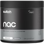 120g tub of Switch Nutrition NAC 100% Pure N-Acetyl L-Cystine unflavoured powder on a white background.