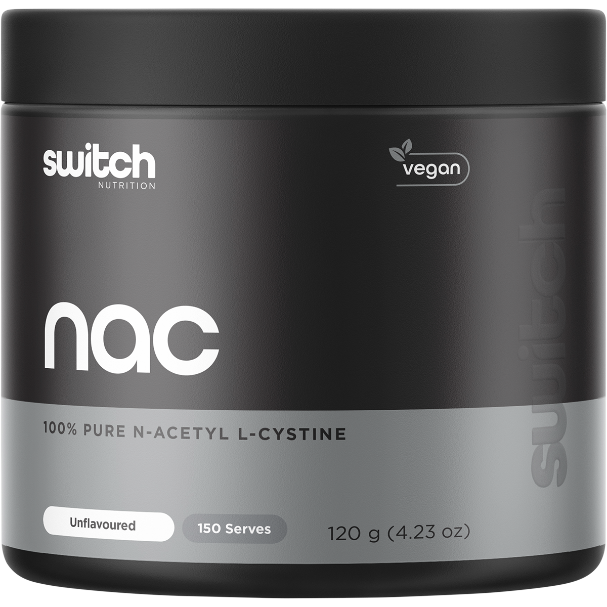 120g tub of Switch Nutrition NAC 100% Pure N-Acetyl L-Cystine unflavoured powder on a white background.