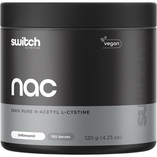 120g tub of Switch Nutrition NAC 100% Pure N-Acetyl L-Cystine unflavoured powder on a white background.