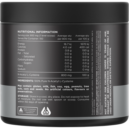 Back of Switch Nutrition NAC 120g tub showing nutritional information and directions on a white background.