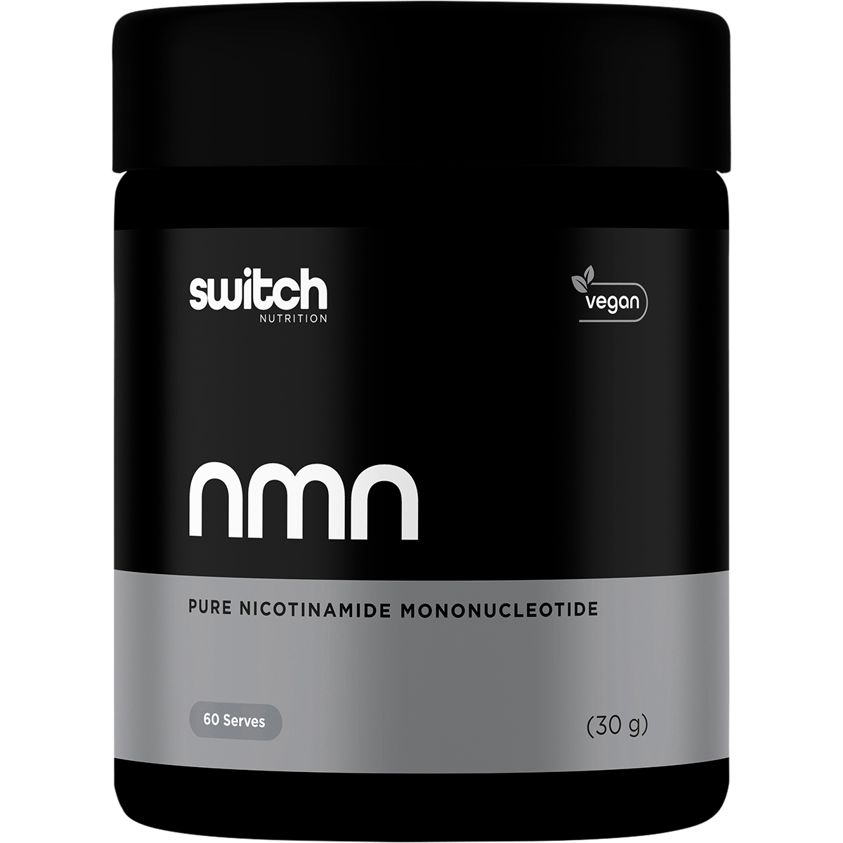 30g tub of Switch Nutrition NMN Pure Nicotinamide Mononucleotide Powder on a white background.
