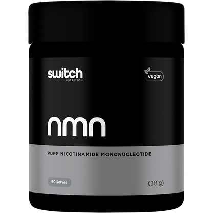 30g tub of Switch Nutrition NMN Pure Nicotinamide Mononucleotide Powder on a white background.