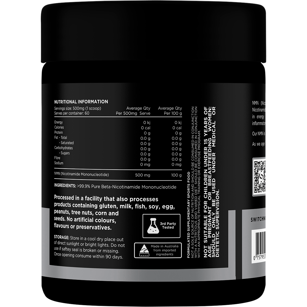 Back of Switch Nutrition NMN Pure 30g tub showing ingredients, directions, and nutritional information.