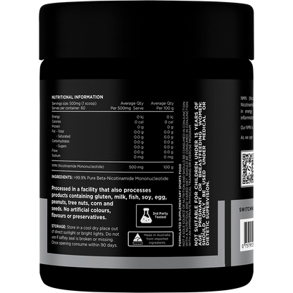 Back of Switch Nutrition NMN Pure 30g tub showing ingredients, directions, and nutritional information.