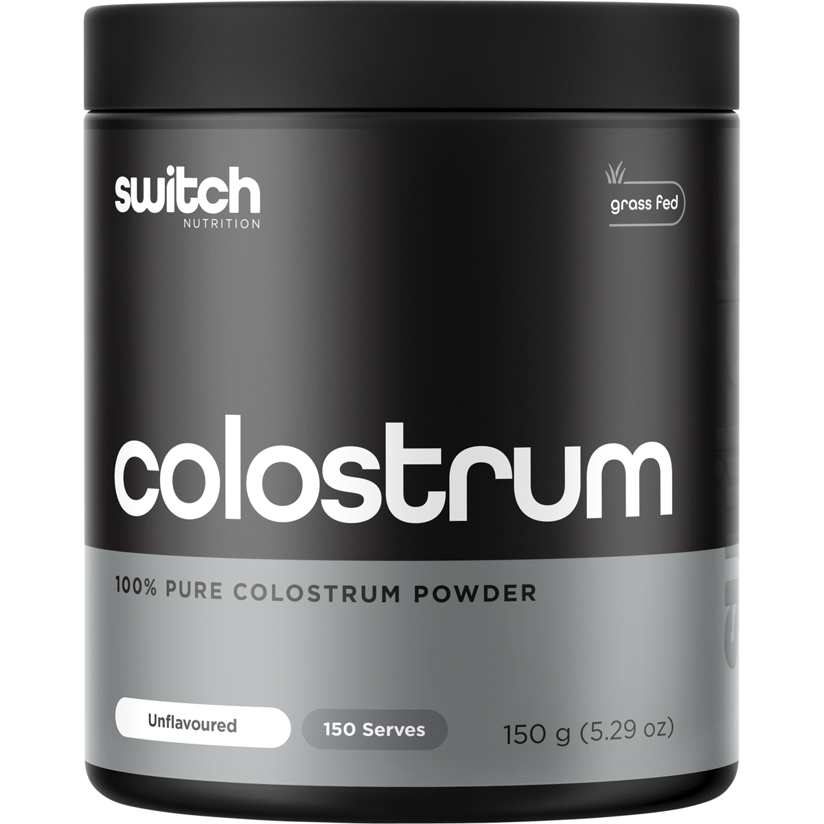 150g tub of Switch Nutrition Colostrum 100% Pure Colostrum Powder on a white background.