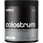 150g tub of Switch Nutrition Colostrum 100% Pure Colostrum Powder on a white background.