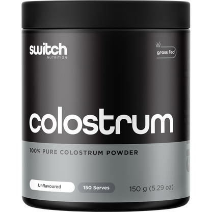 150g tub of Switch Nutrition Colostrum 100% Pure Colostrum Powder on a white background.